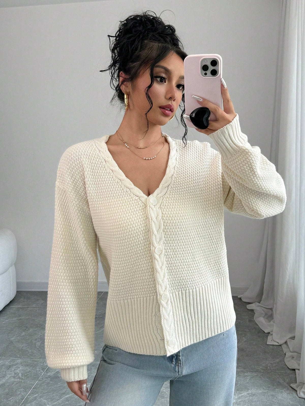 Cardigan casual da donna a maniche lunghe con bottoni davanti, tinta unita
